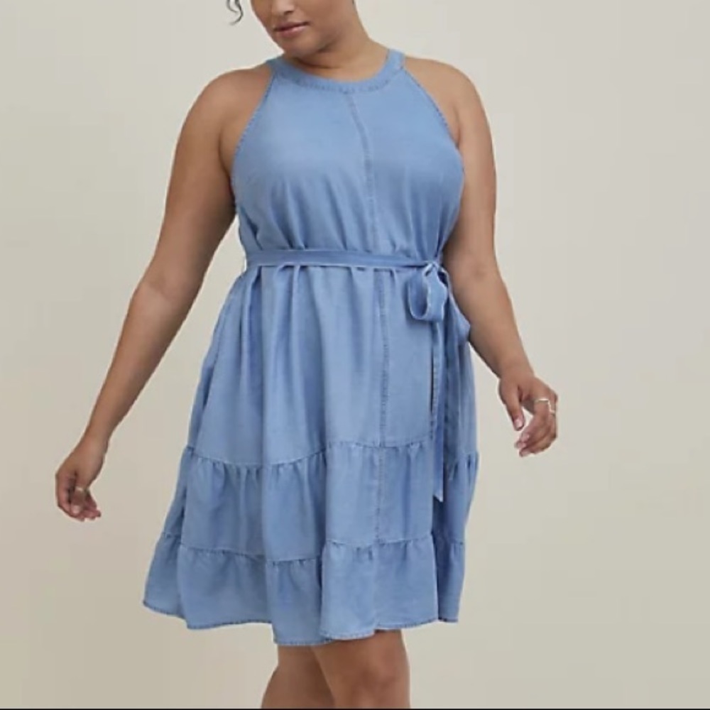 TORRID NWT HIGH NECK TIERED MINI DRESS - CHAMBRAY BLUE